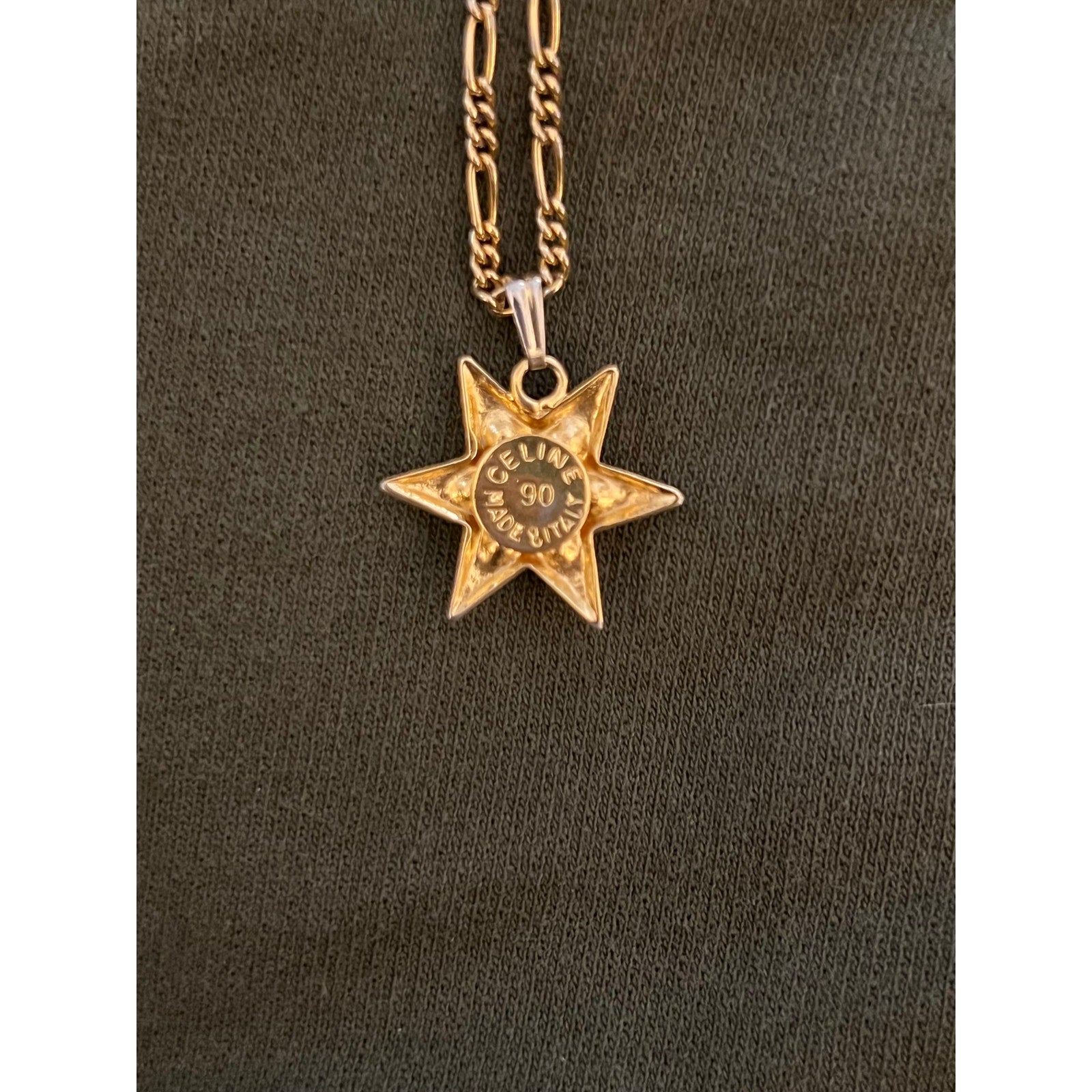 Celine Star Pendant Necklace Gold Tone Rhinestone Logo Figaro Chain
