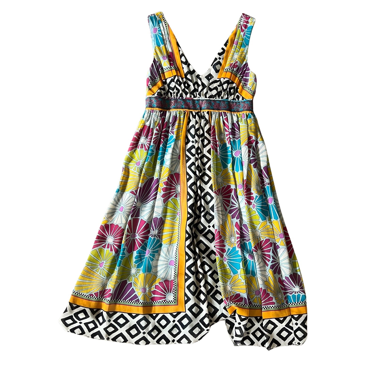 Nicole Miller Silk Printed Dress Multicolor Empire Waist A Line Size 0