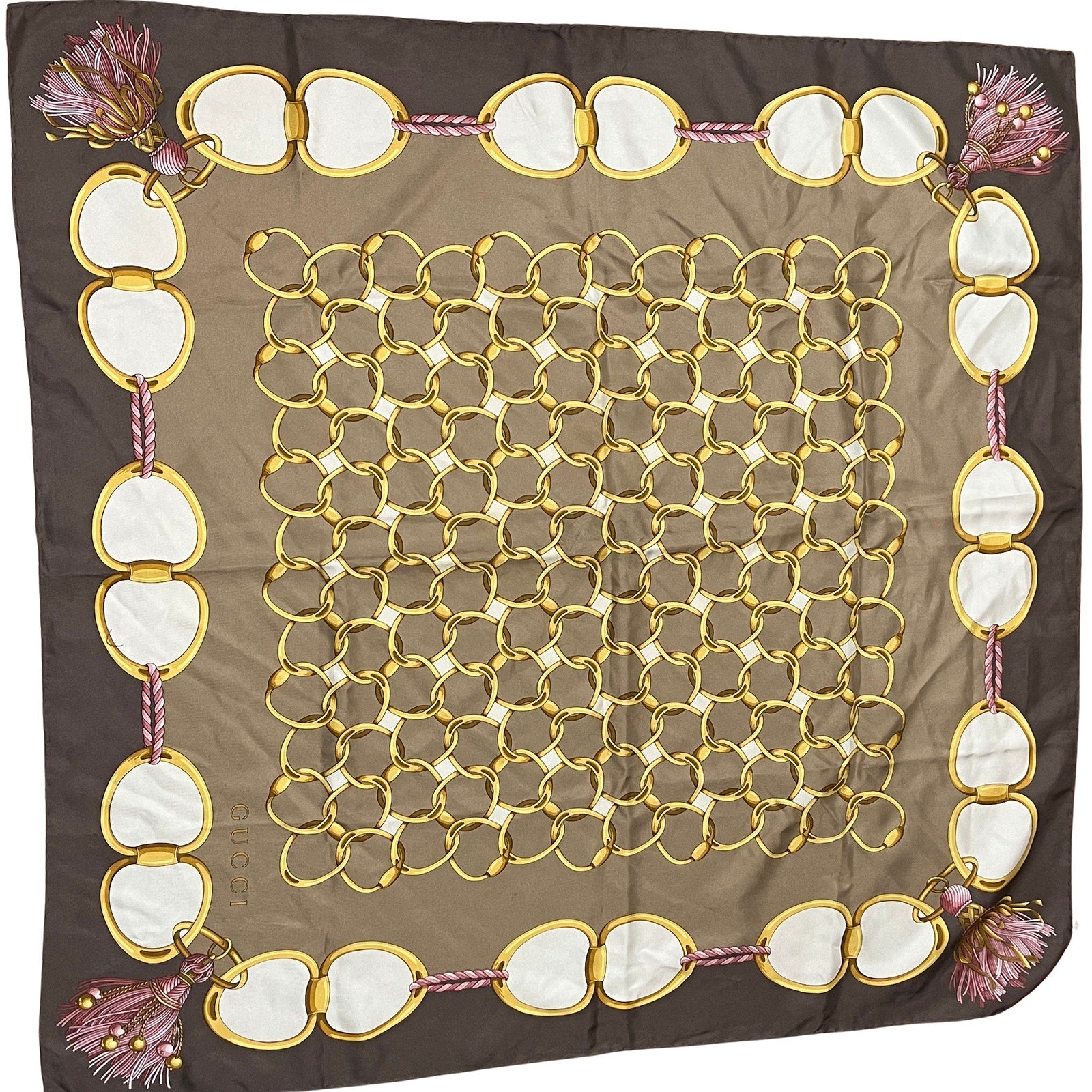 GUCCI Brown Silk Scarf with chains and tassels