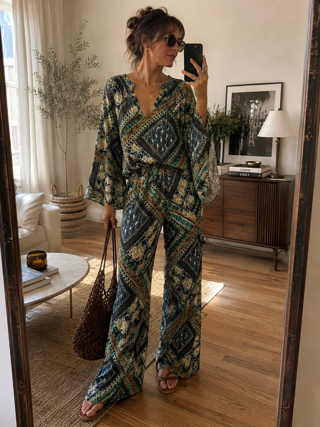Johnny Was Printed Rayon Two-Piece Set | Green Blue & Yellow