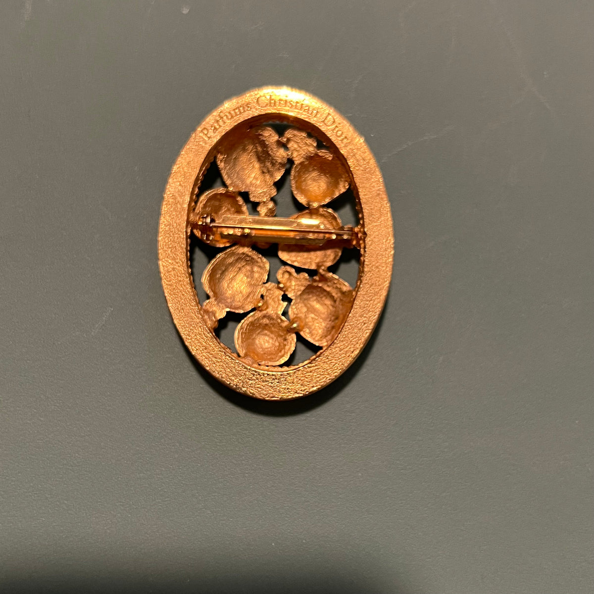 Christian Dior Vintage Perfume Bottle Brooch Gold Tone Oval Figural Designer Pin