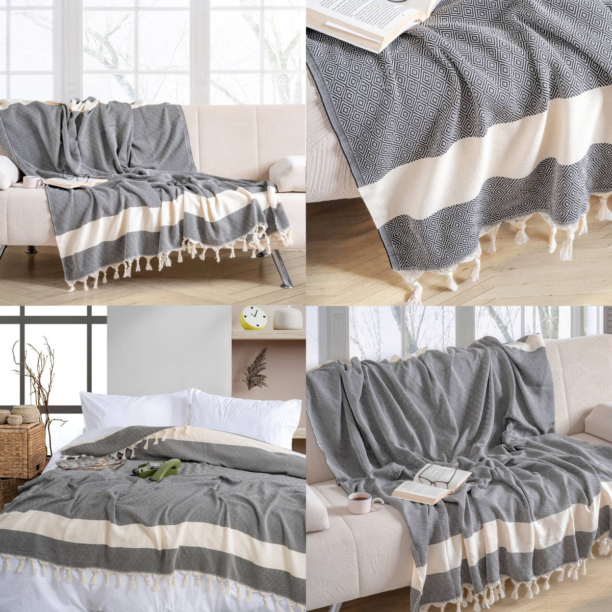 Haus of Fonz Diamond Turkish Cotton Throw | Grey, Black & Beige | 70" x 80"