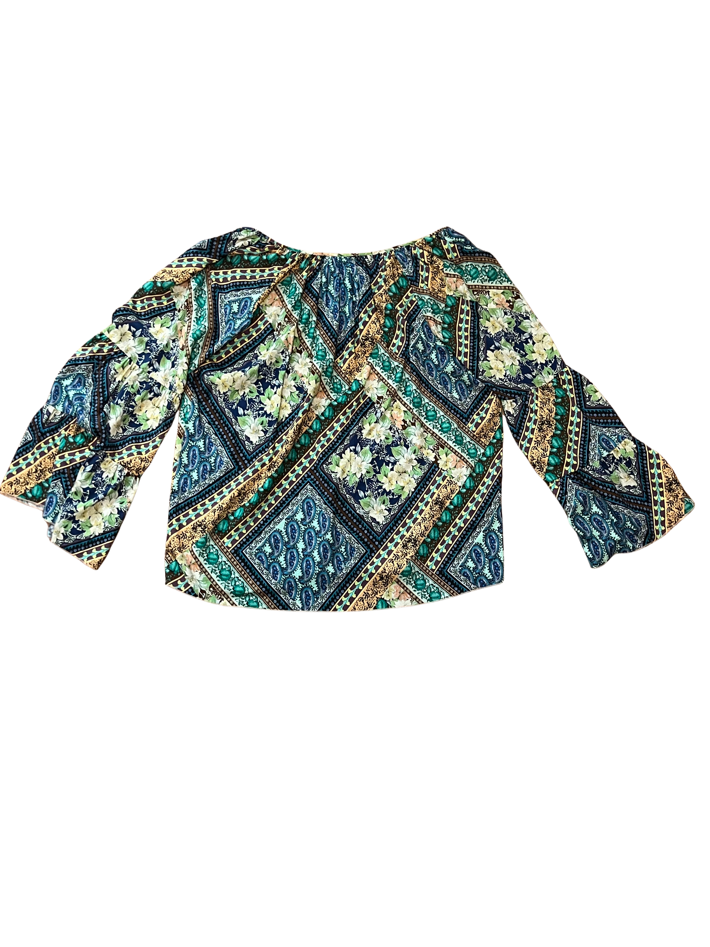 Johnny Was Printed Rayon Two-Piece Set | Green Blue & Yellow