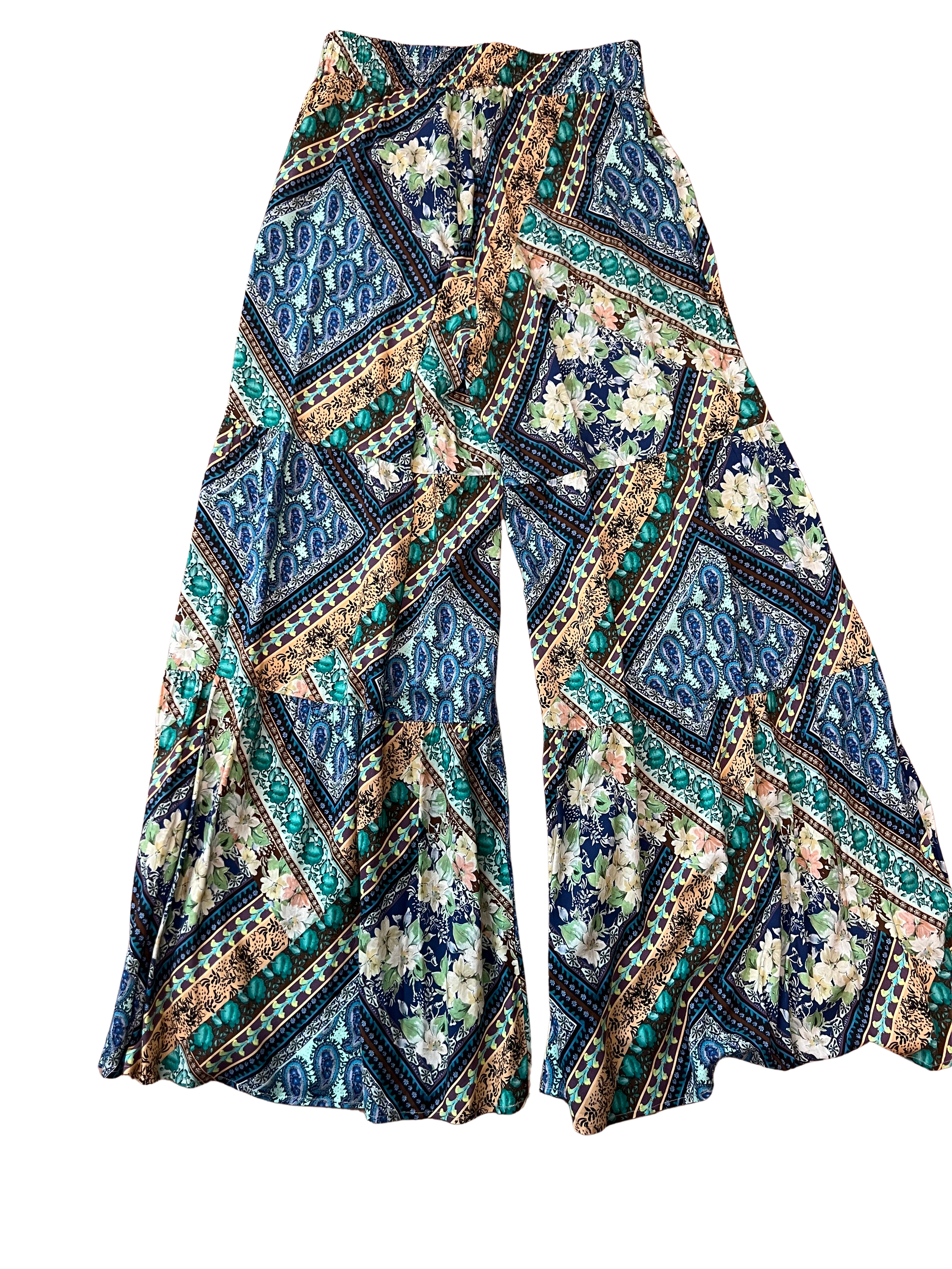 Johnny Was Printed Rayon Two-Piece Set | Green Blue & Yellow