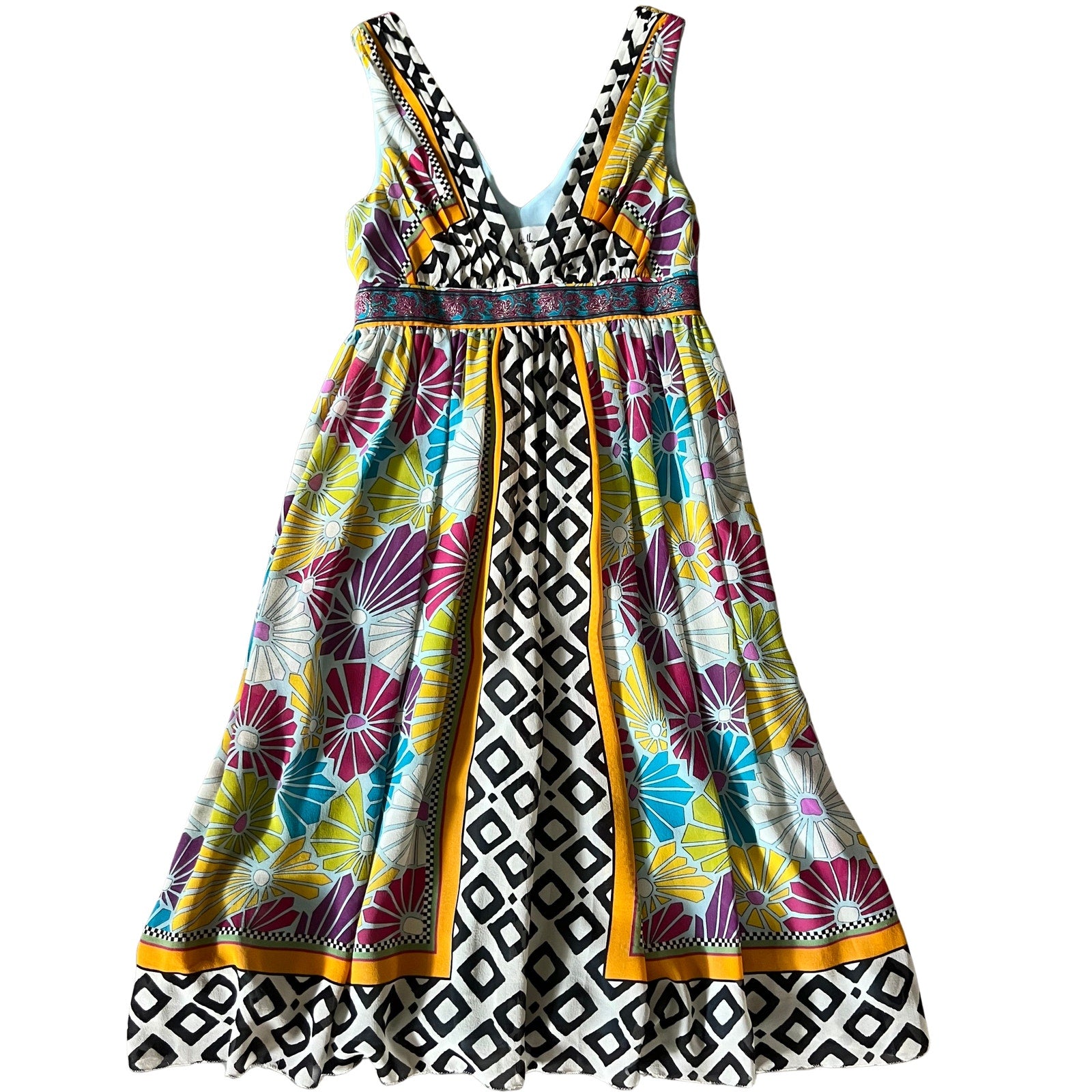 Nicole Miller Silk Printed Dress Multicolor Empire Waist A Line Size 0