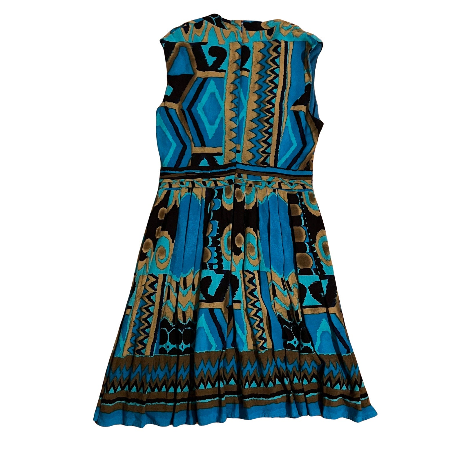 Ellen Tracy Geometric Print Sleeveless Dress Turquoise Black Fit Flare Size M