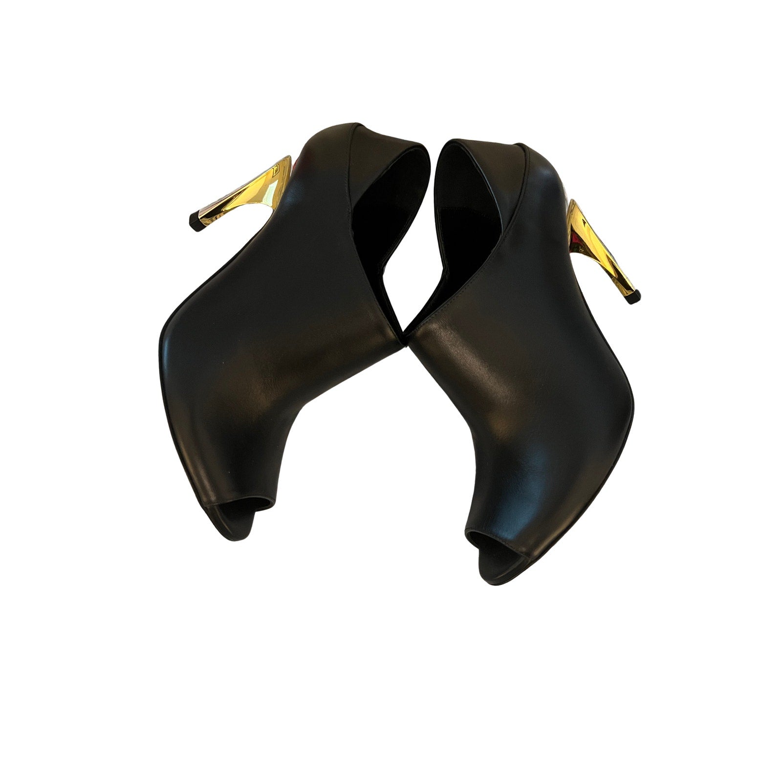 Alexander McQueen Sculptural Heel Mule Black Leather Gold Silver 36.5 Peep Toe