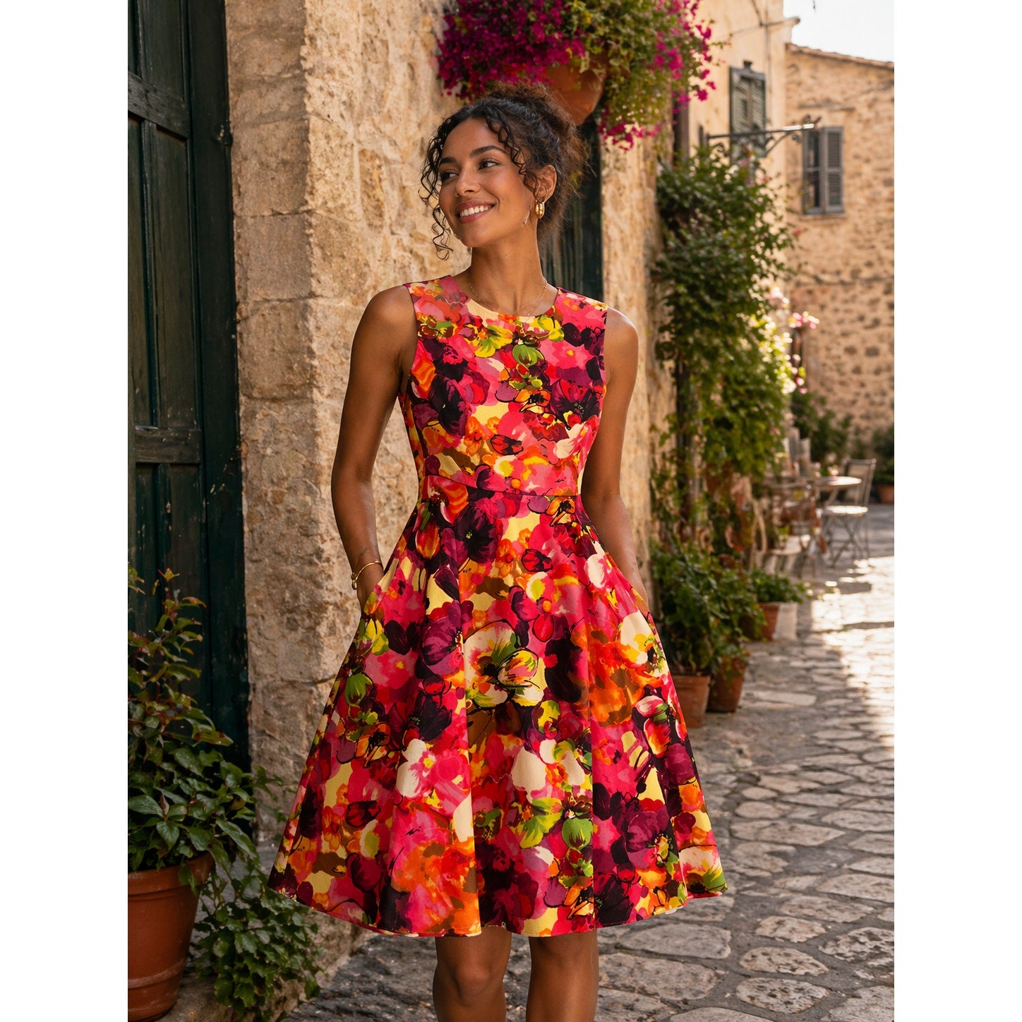 Valentino Floral Fit Flare Dress Sleeveless Pink Red Print Size 38 Pockets