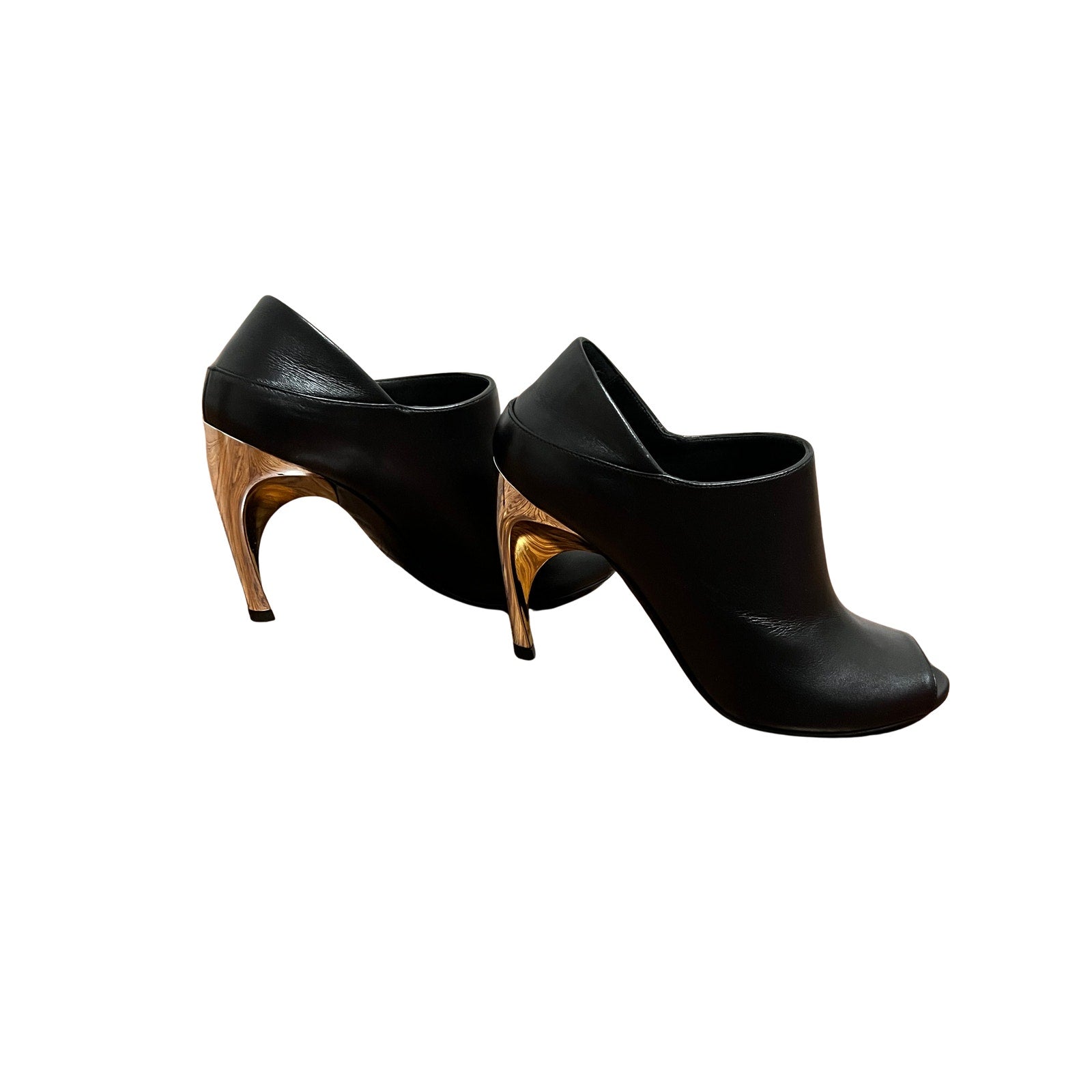 Alexander McQueen Sculptural Heel Mule Black Leather Gold Silver 36.5 Peep Toe