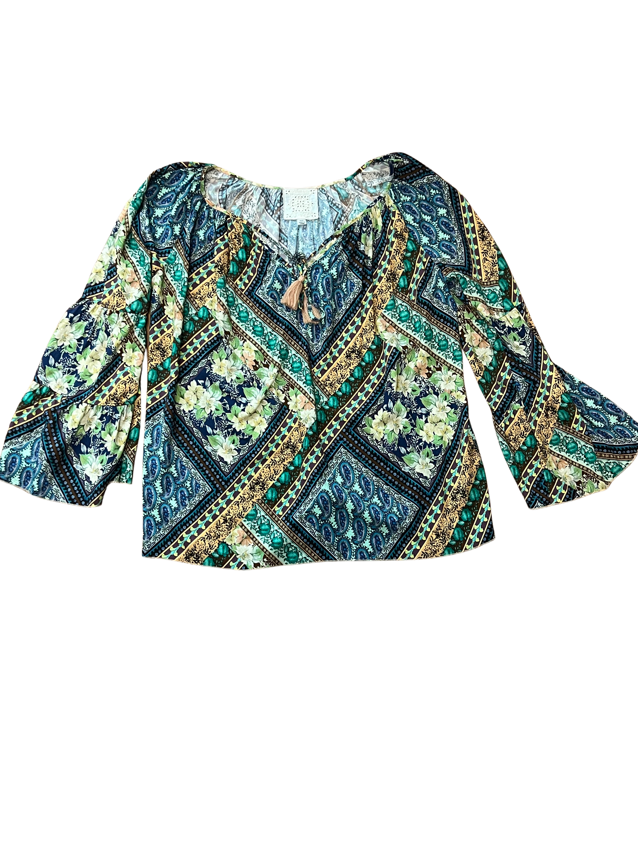 Johnny Was Printed Rayon Two-Piece Set | Green Blue & Yellow