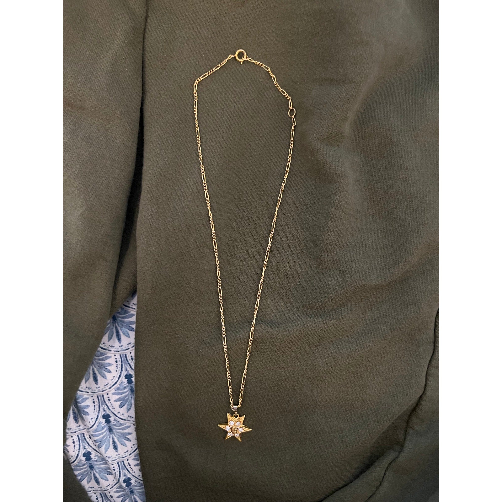 Celine Star Pendant Necklace Gold Tone Rhinestone Logo Figaro Chain