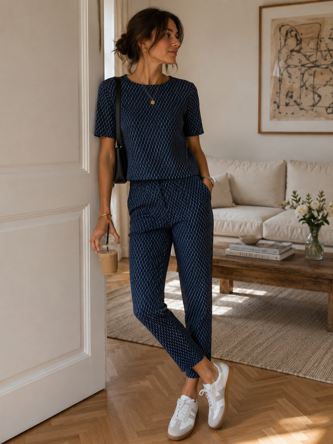 Theory Blue Geometric Print Matching Top & Pant Set | Petite | NWOT