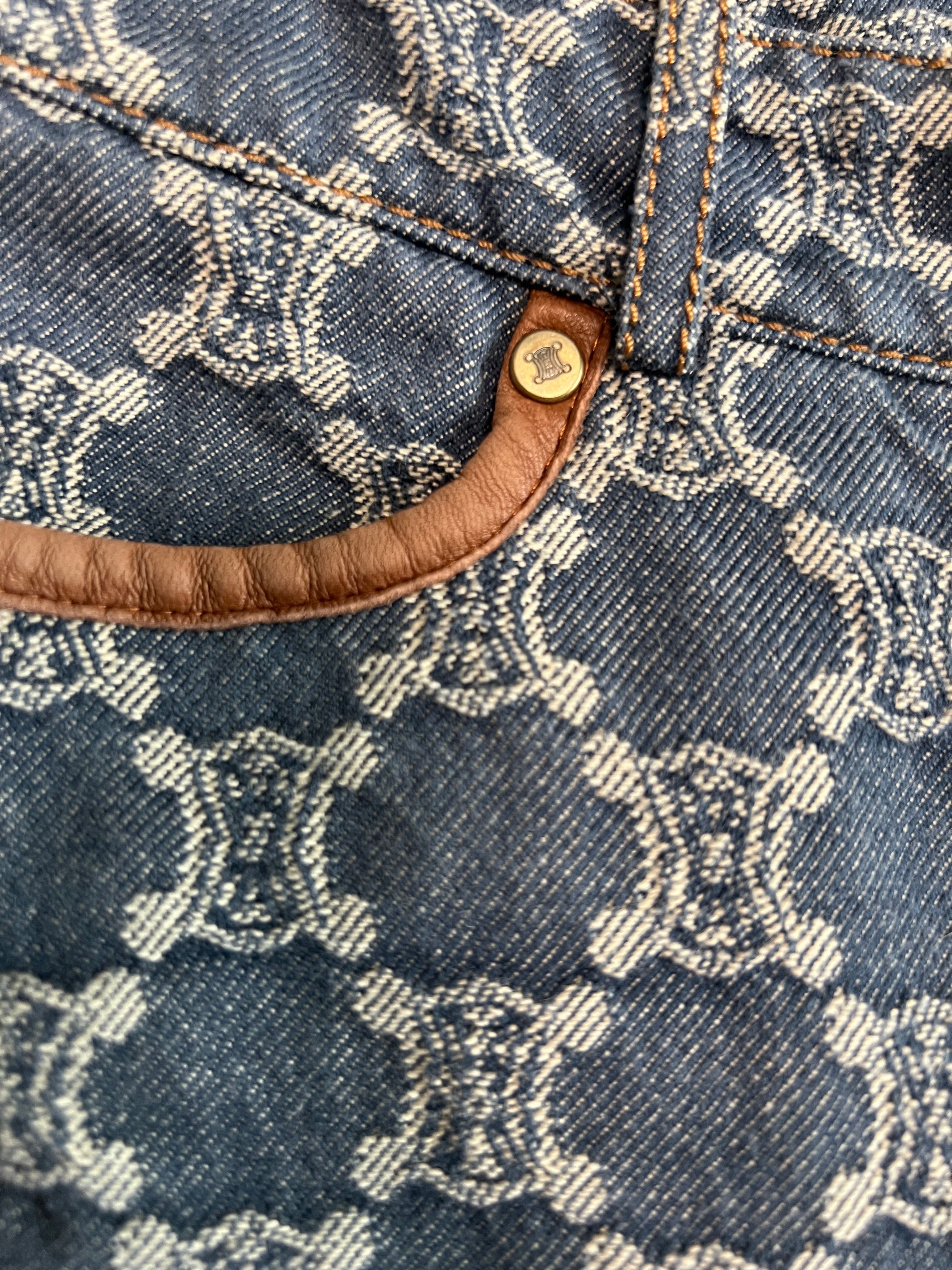 Celine Triomphe Monogram Denim Cut-Off Shorts | Blue & White | FR 38