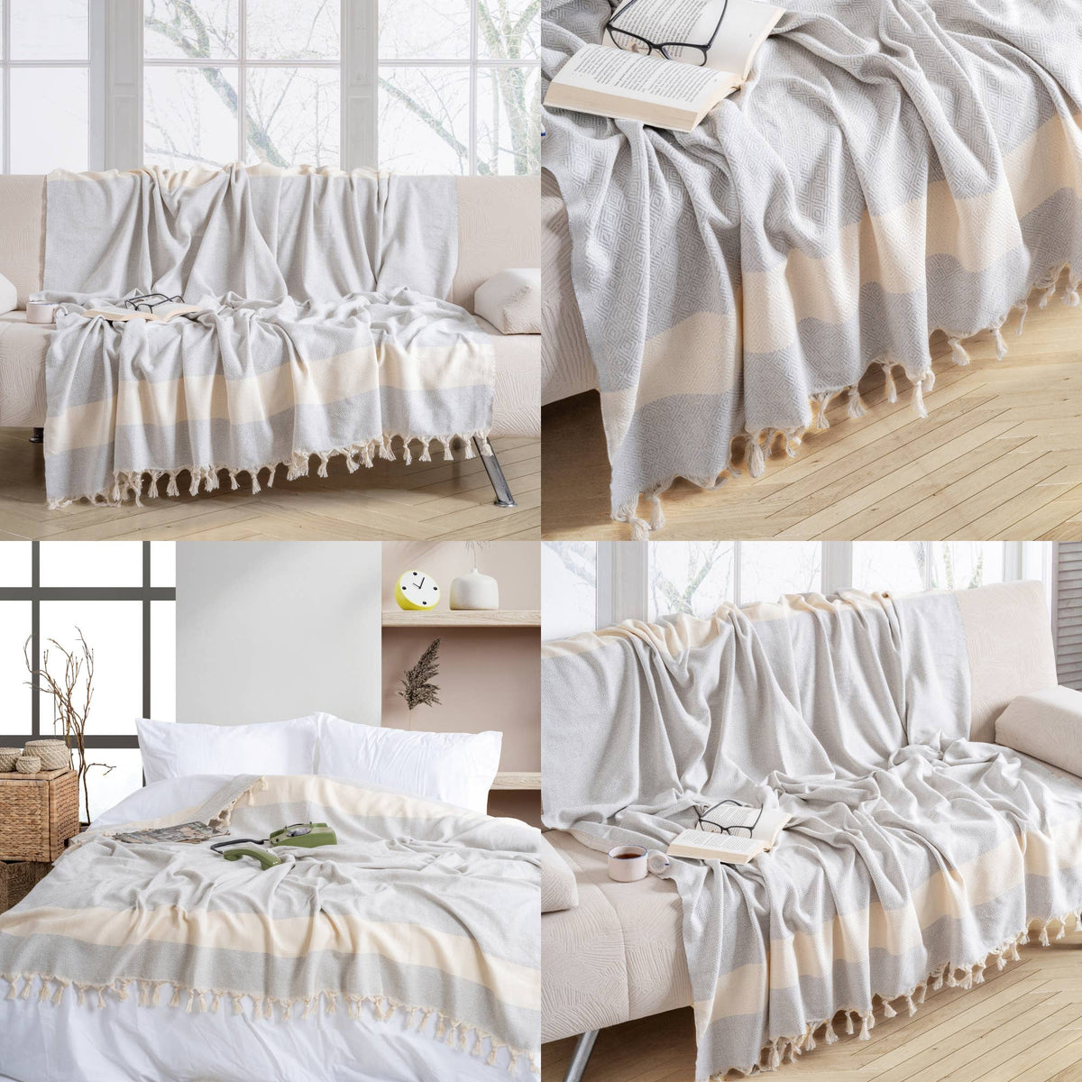 Haus of Fonz Diamond Turkish Cotton Throw | Grey, Black & Beige | 70" x 80"
