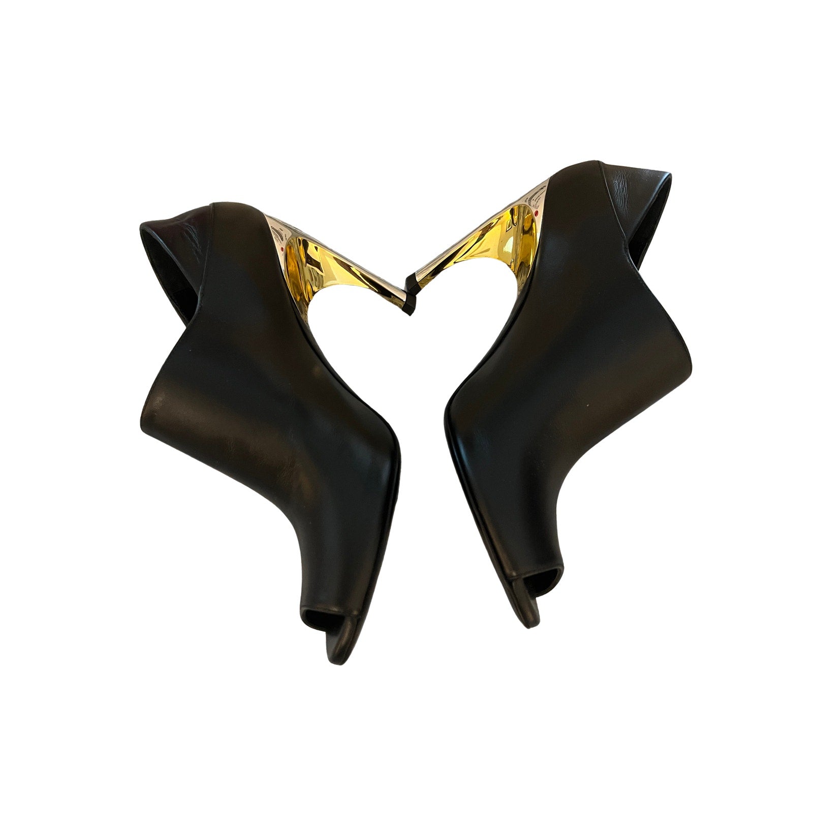 Alexander McQueen Sculptural Heel Mule Black Leather Gold Silver 36.5 Peep Toe