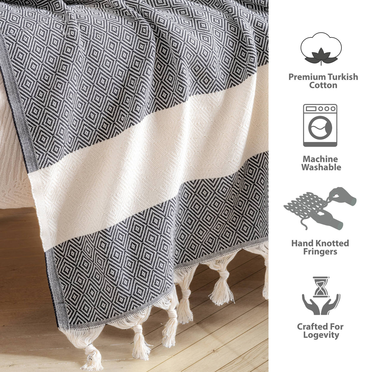 Haus of Fonz Diamond Turkish Cotton Throw | Grey, Black & Beige | 70" x 80"