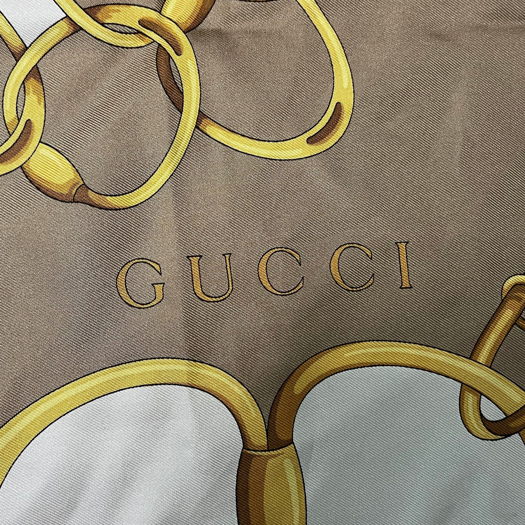 GUCCI Brown Silk Scarf with chains and tassels